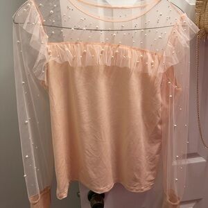Sheer Pearl-Embellished Peach Blouse